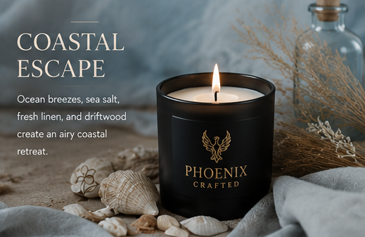Coastal escape scented candle with ocean breezes and sea salt, creating a serene coastal atmosphere.