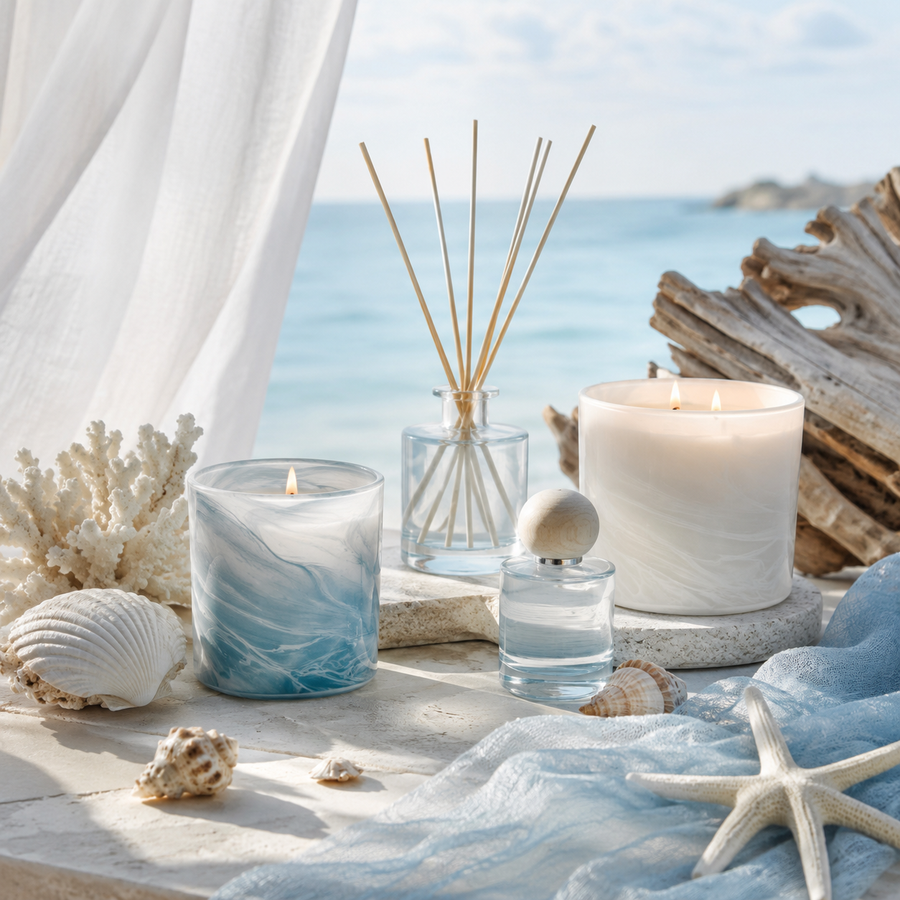 Candles styled with seashells, coral, and driftwood.