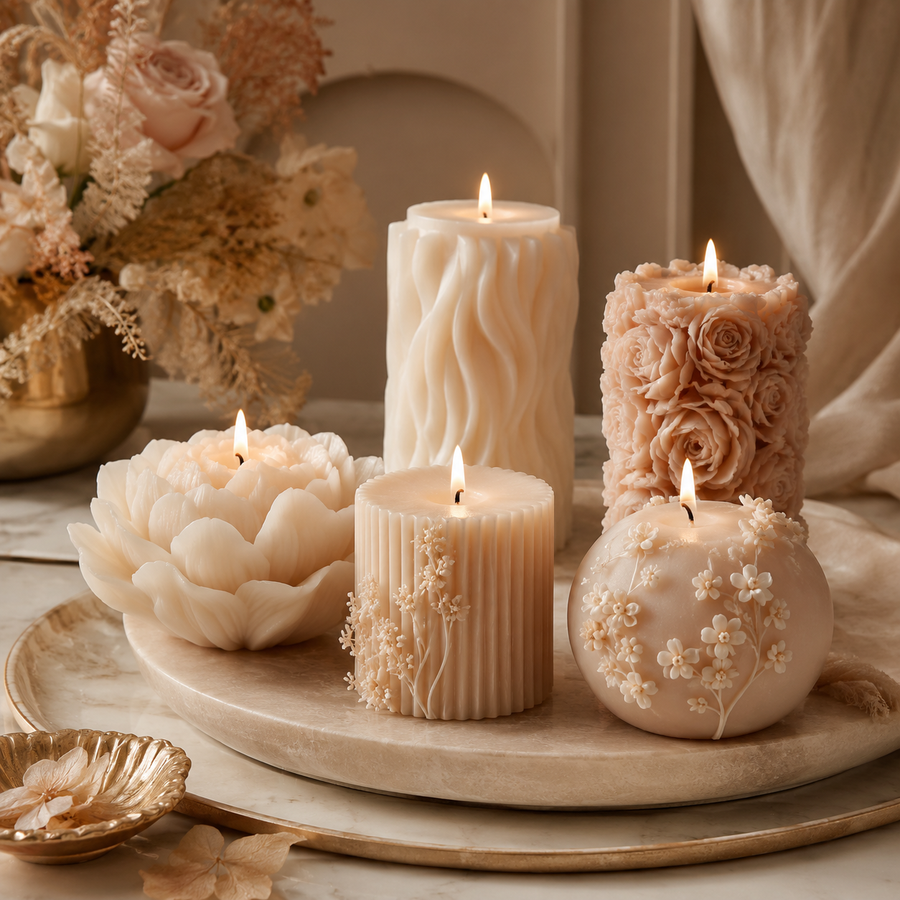 Sculptural candles in varied shapes and soft neutral colors.