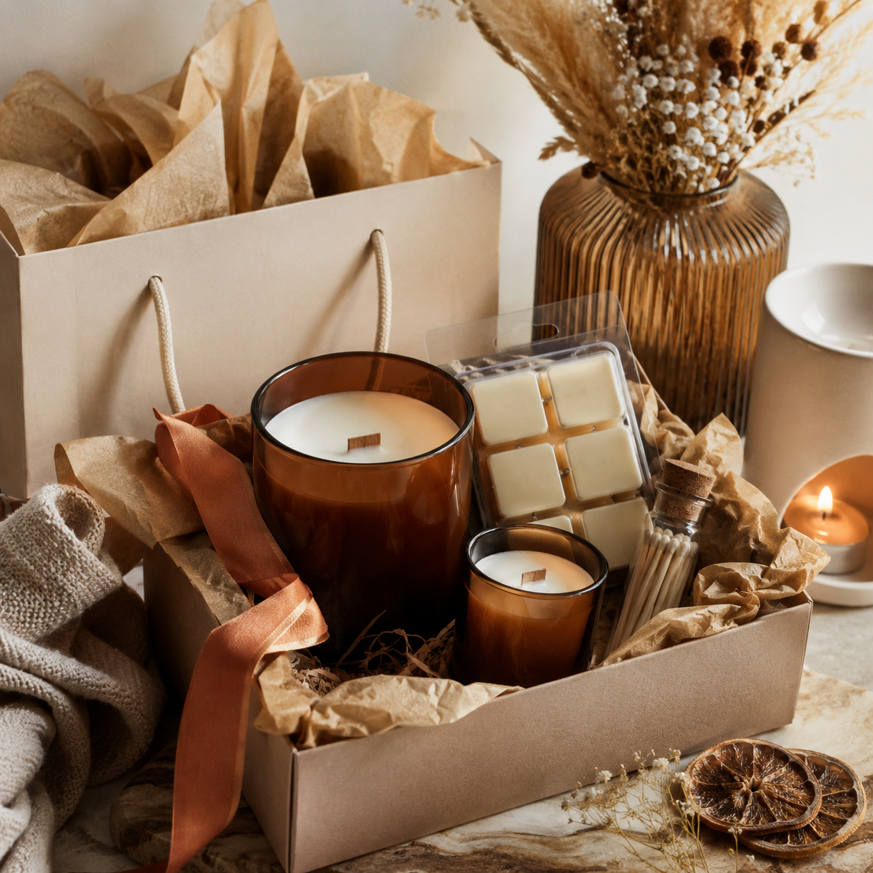Candles, wax melts, and accessories arranged as a fragrance gift set.