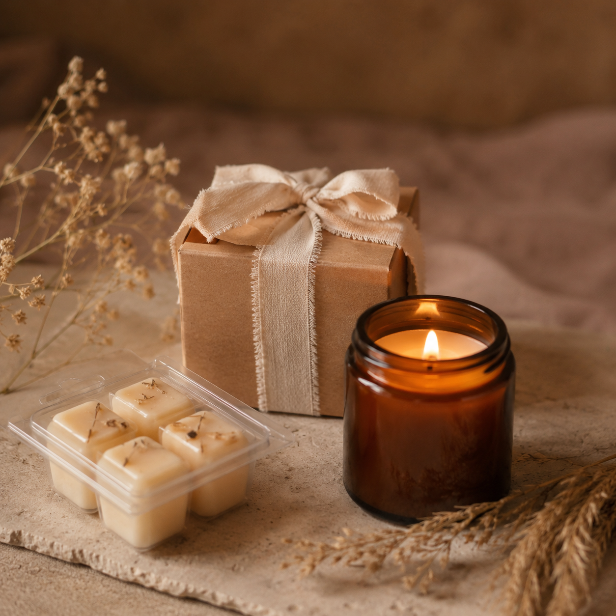 Small candle and wax melt gifts arranged together.