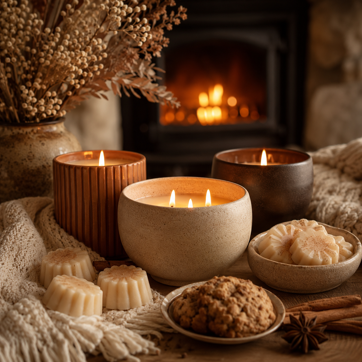 Candles styled beside a fireplace with bakery and wood accents.