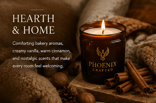 Hearth & Home candle featuring comforting bakery aromas and warm cinnamon, perfect for creating a cozy atmosphere.