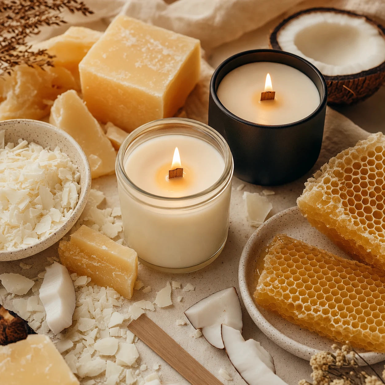 Coconut soy and beeswax hand-poured candles with natural wax flakes, honeycomb, and coconut pieces