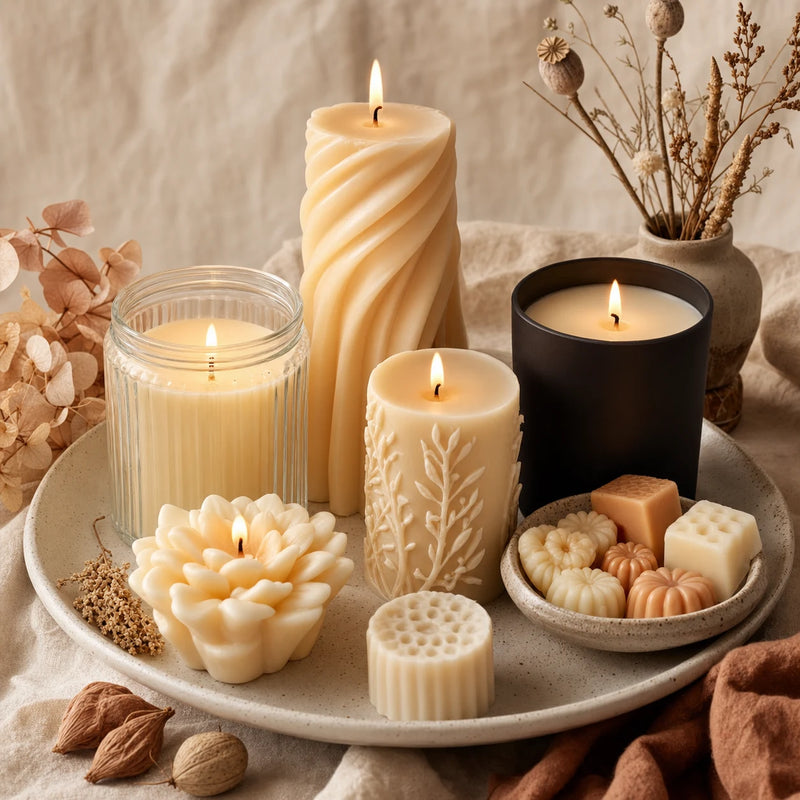 Decorative handcrafted candles with sculptural wax designs, glass jars, dried botanicals, and warm candlelight
