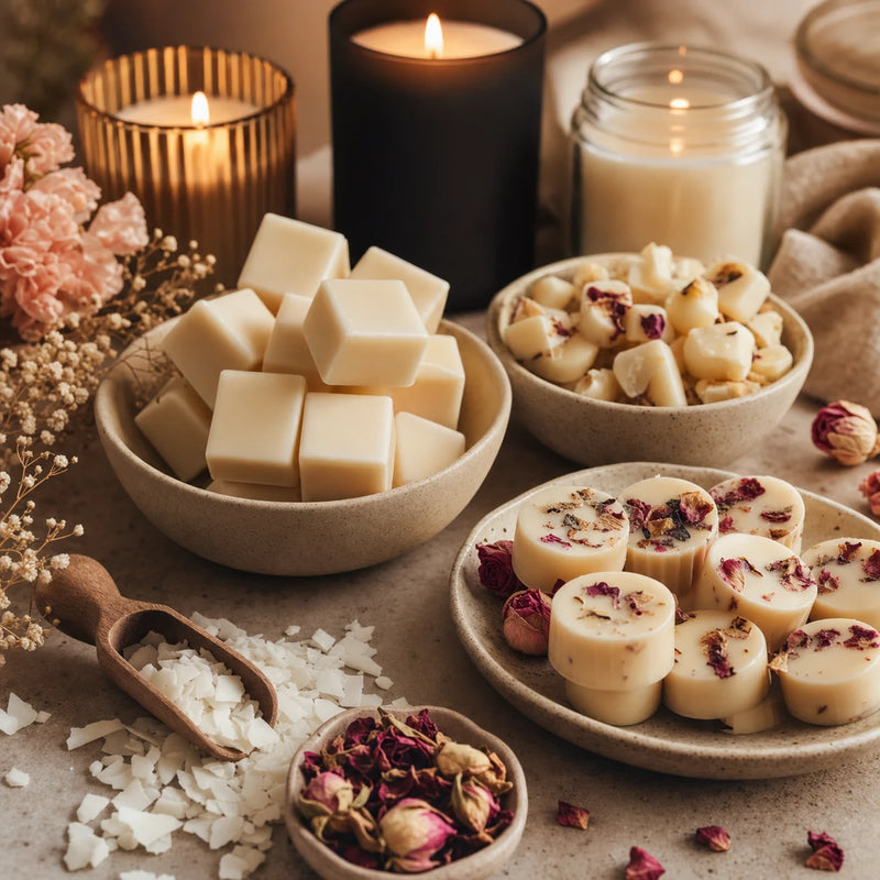 Hand-poured wax melts in ceramic dishes with dried flowers, natural wax flakes, and warm candlelight