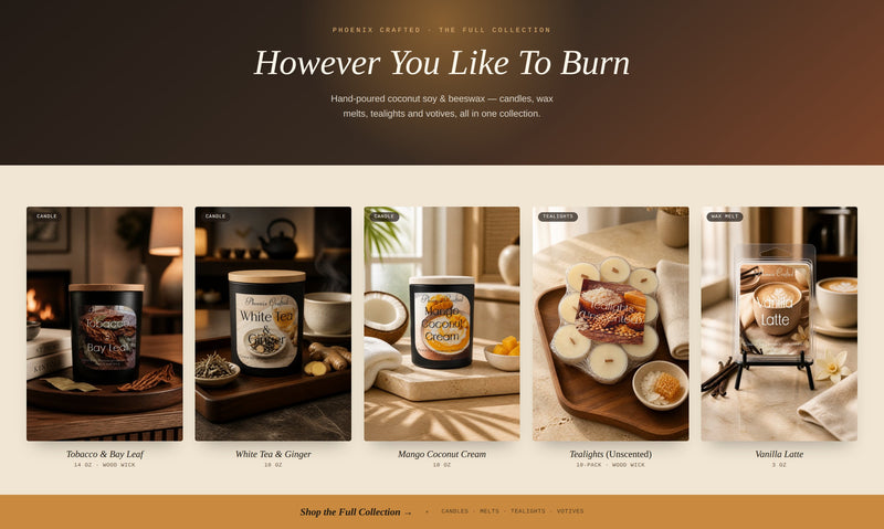 Candles Wax Melts Tealights collection showcasing hand-poured scents for a warm atmosphere and inviting ambiance.
