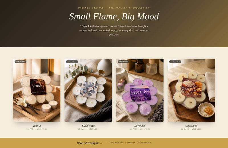 Hand-Poured Tealights & Votive Candles in various scents: Vanilla, Eucalyptus, Lavender, Unscented.
