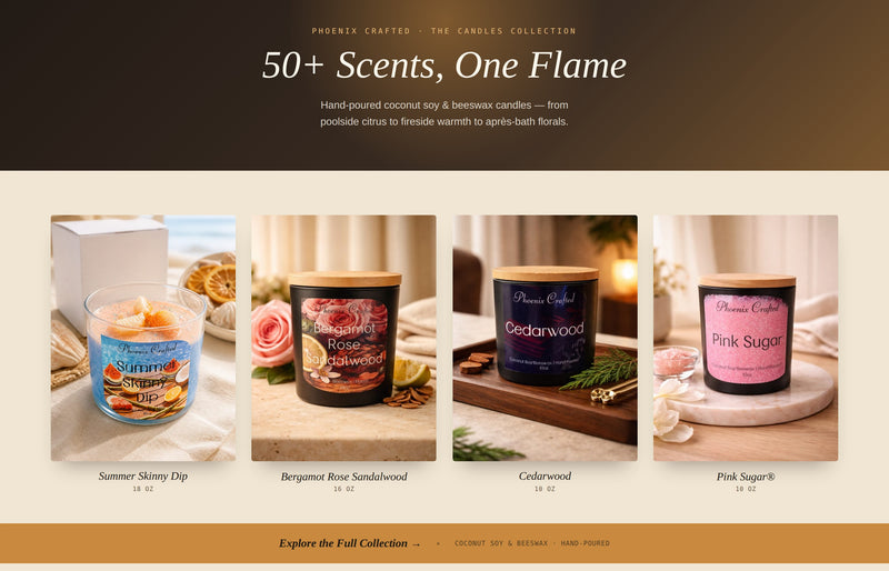 Coconut soy & beeswax hand-poured candles collection showcasing scents like Summer Silly Dip, Bergamot Rose Sandalwood, Cedarwood, and Pink Sugar®.