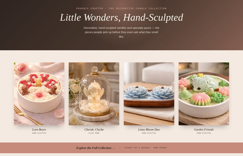 Decorative candles collection featuring hand-sculpted pieces like Love Bears and Garden Friends.