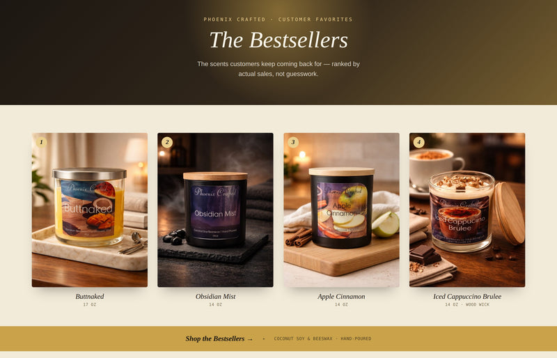 Best-selling hand-poured candles collection featuring Butterscotch, Obsidian Mist, Apple Cinnamon, and Iced Cappuccino Brulee.