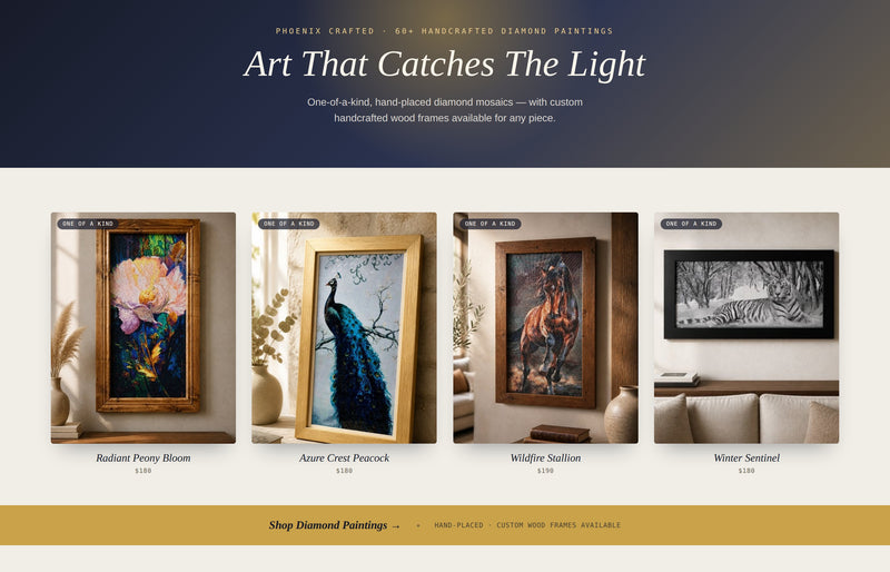 Art that catches the light featuring handcrafted diamond paintings including Radiant Peony Bloom and Winter Sentinel.