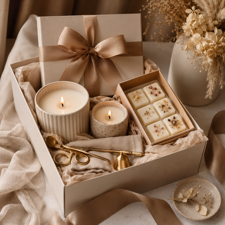Candles and wax melts arranged in a ribboned gift box.