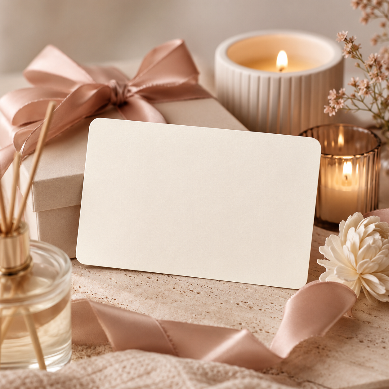 Phoenix Crafted gift card on a wrapped gift box beside candles.