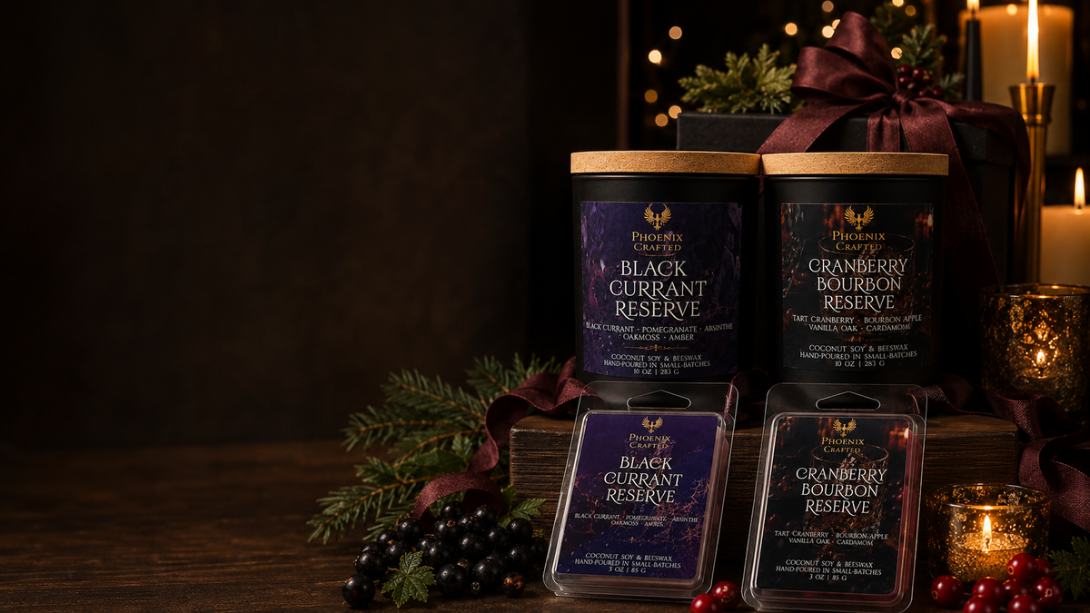Candles and wrapped gifts arranged with seasonal decorations.