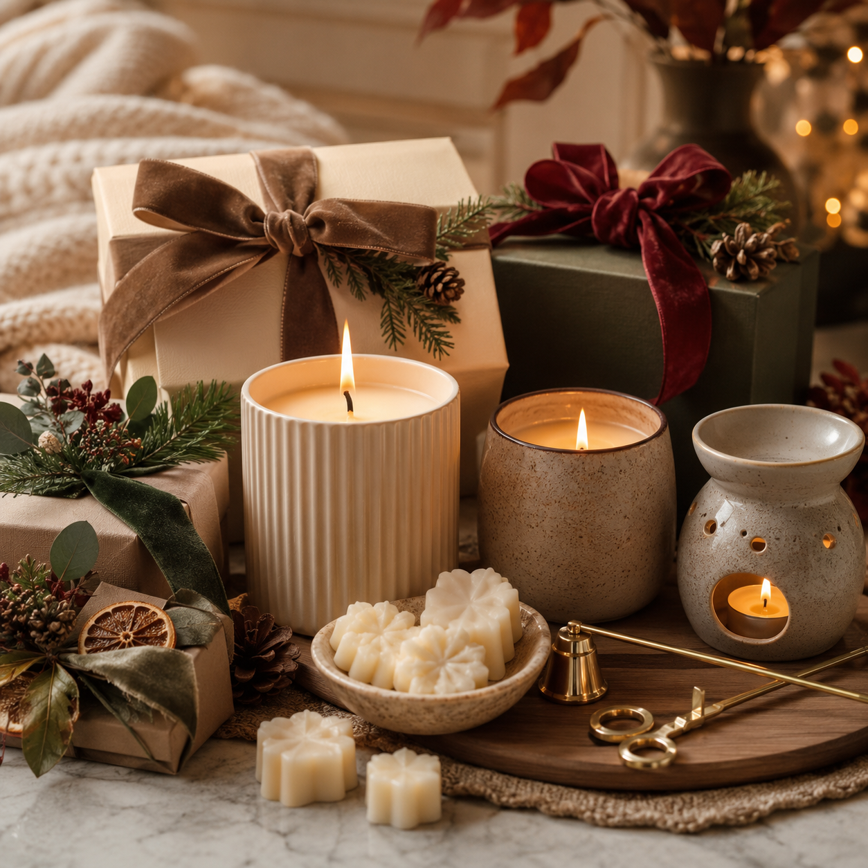 Candles and wrapped gifts arranged with seasonal decorations.