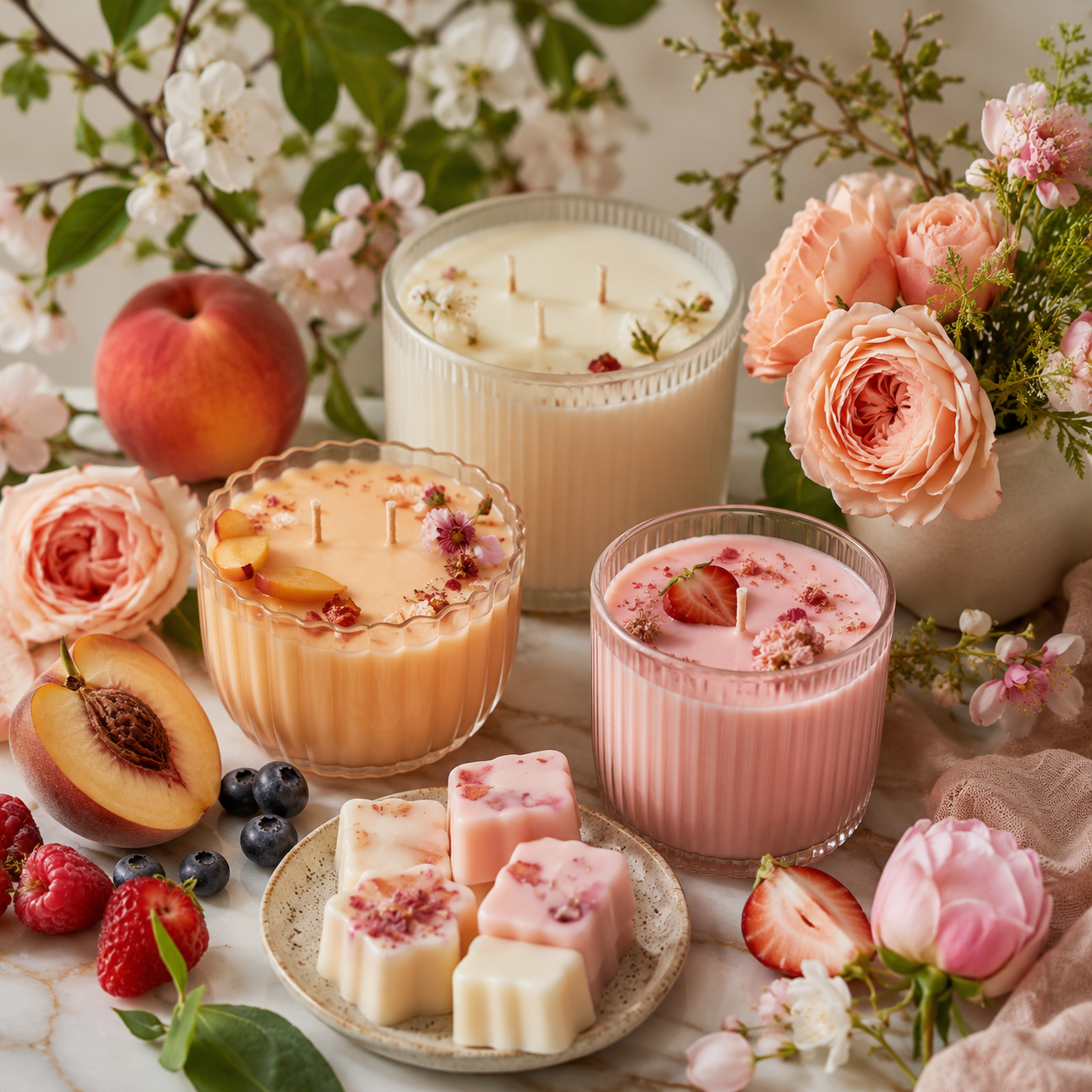 Fruit- and floral-inspired candles styled with peaches and flowers.
