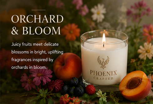 Orchard & Bloom candle surrounded by colorful flowers and fruits, showcasing uplifting fragrances and vibrant design.