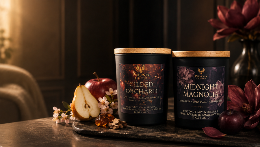 Fruit- and floral-inspired candles styled with peaches and flowers.