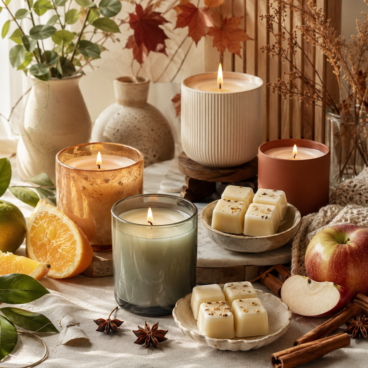 Seasonal candles arranged with fruit and autumn leaves.