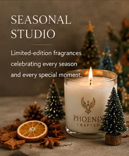 Seasonal studio limited-edition candle surrounded by festive decor and spices celebrating seasonal fragrances.