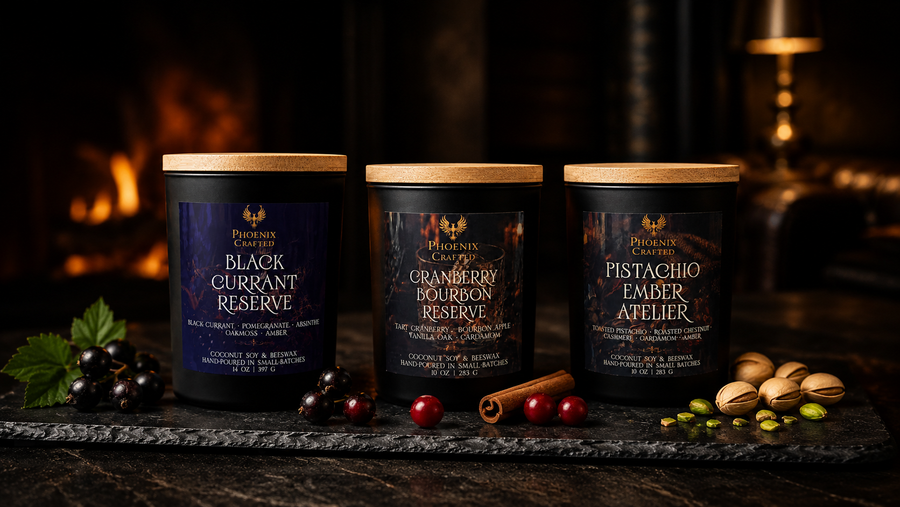 Seasonal candles arranged with fruit and autumn leaves.