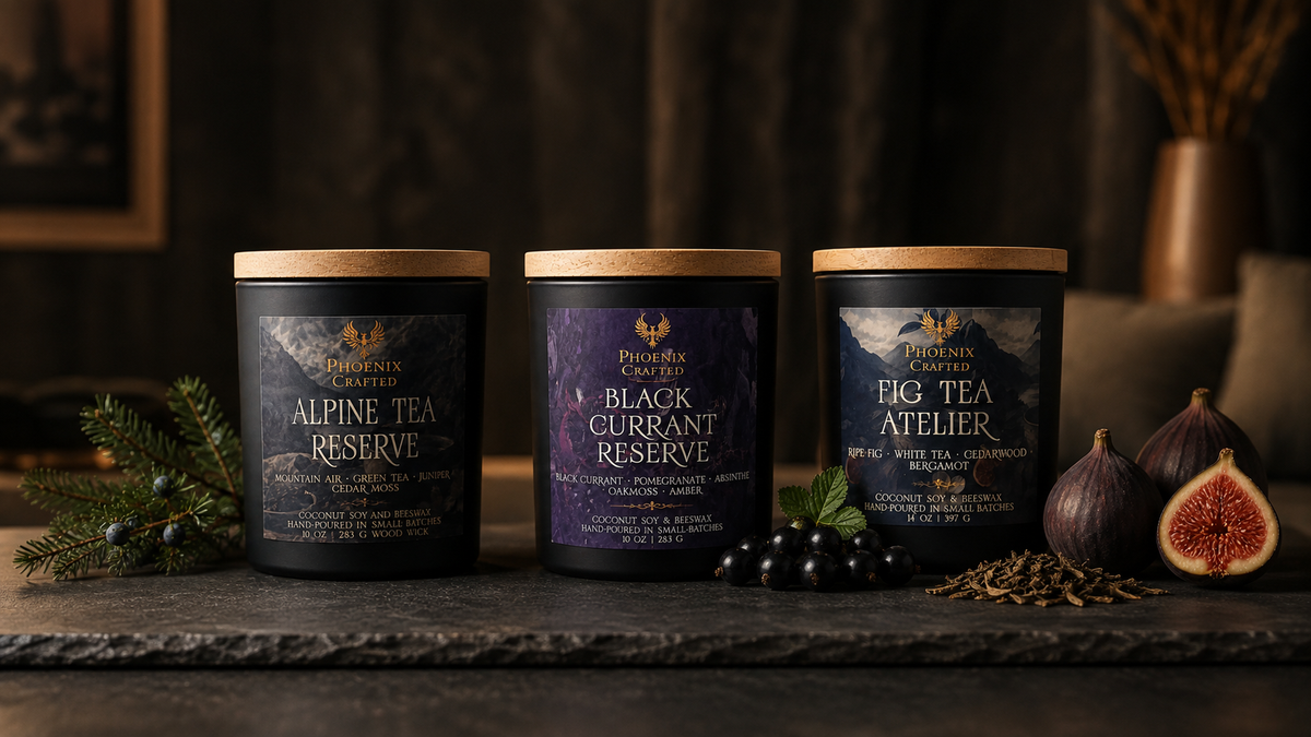 Signature Phoenix Crafted candles and home-fragrance products arranged together.