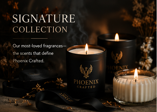 Signature Collection featuring Phoenix Crafted candles, showcasing luxurious fragrances for an elegant ambiance.
