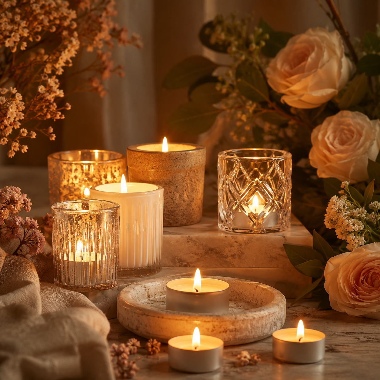 Hand-poured tealights and votives arranged with flowers.