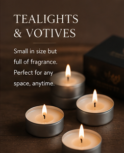Hand-Poured Tealights & Votive Candles in various scents: Vanilla, Eucalyptus, Lavender, Unscented.