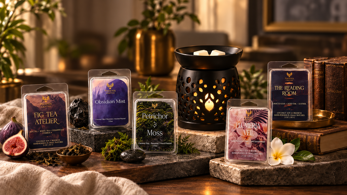 Phoenix Crafted wax melts featuring Fig Tea Atelier, Obsidian Mist, Petrichor & Moss, Plumeria Veil and The Reading Room beside a black wax warmer.