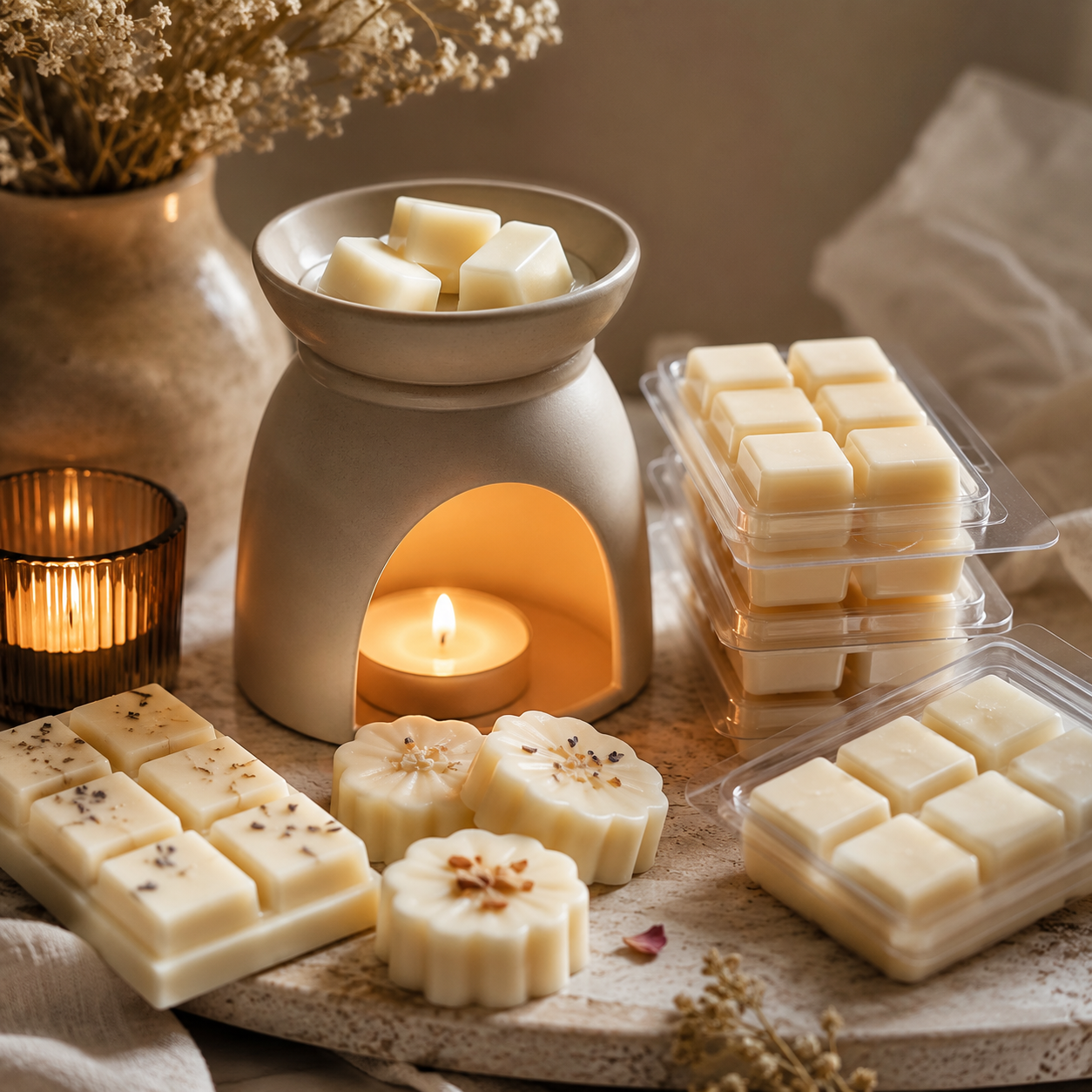 Hand-poured wax melts displayed beside a wax warmer and candles.