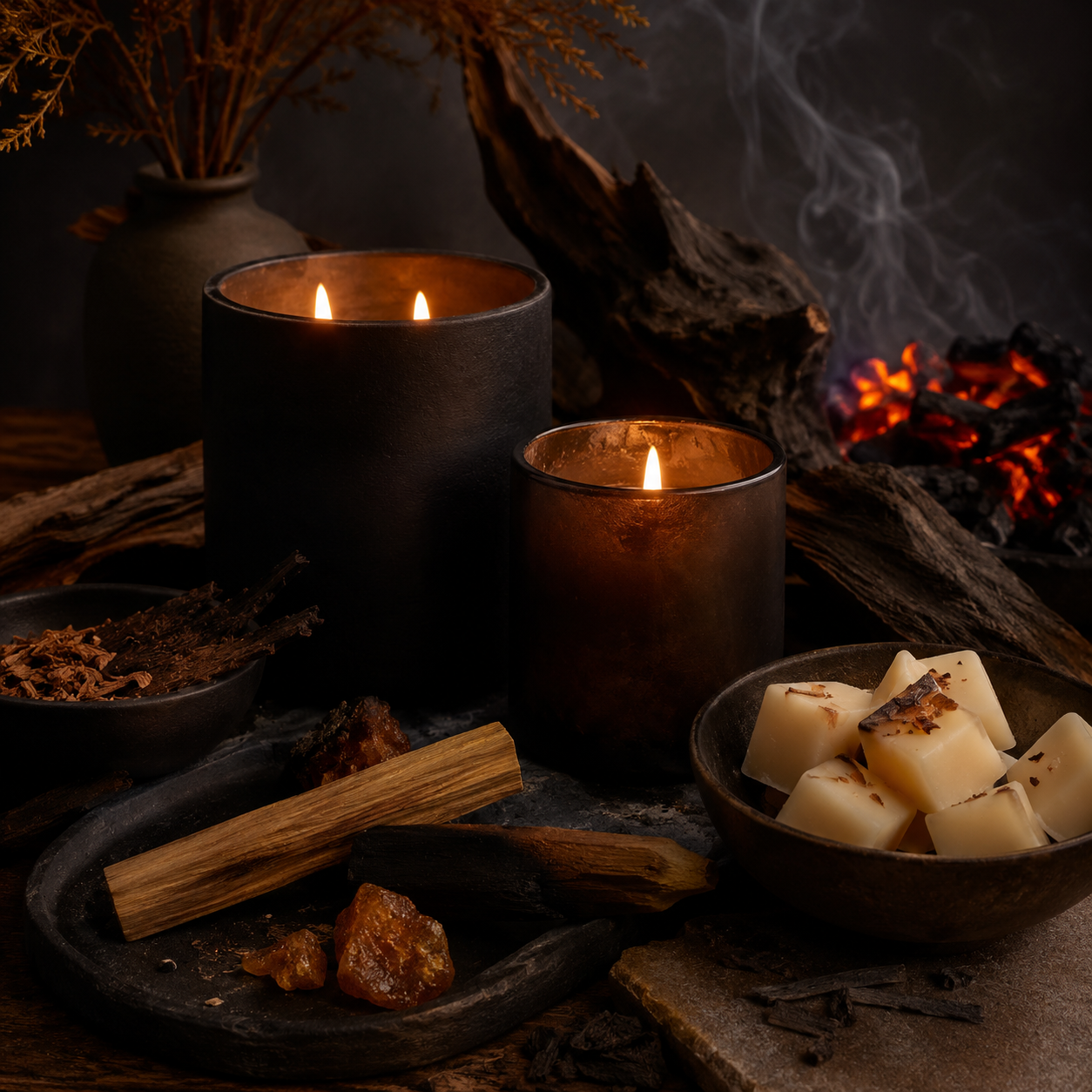 Woody and smoky candles styled with spices and warm-toned accents.