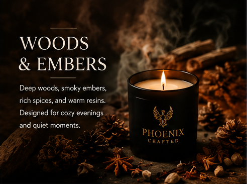 A candle surrounded by pinecones and wood elements, representing the Woods & Embers collection for cozy evenings.