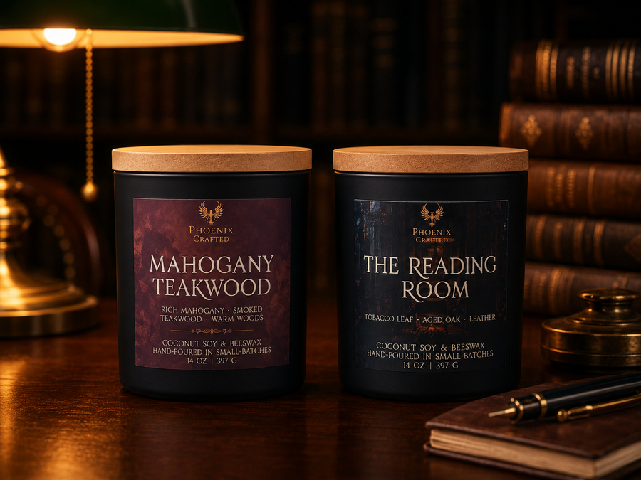 Woody and smoky candles styled with spices and warm-toned accents.