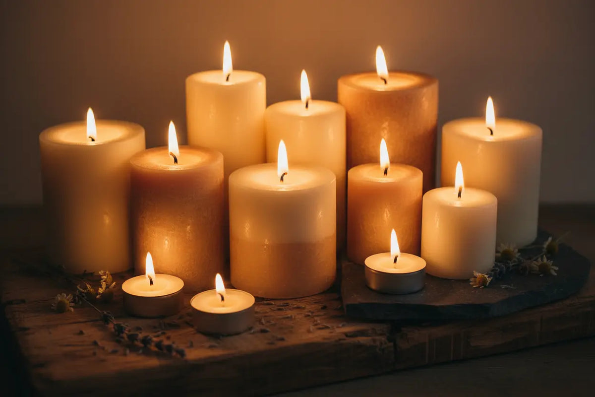 All-natural hand-poured candles lit on a rustic wooden surface, creating a warm and inviting ambiance.