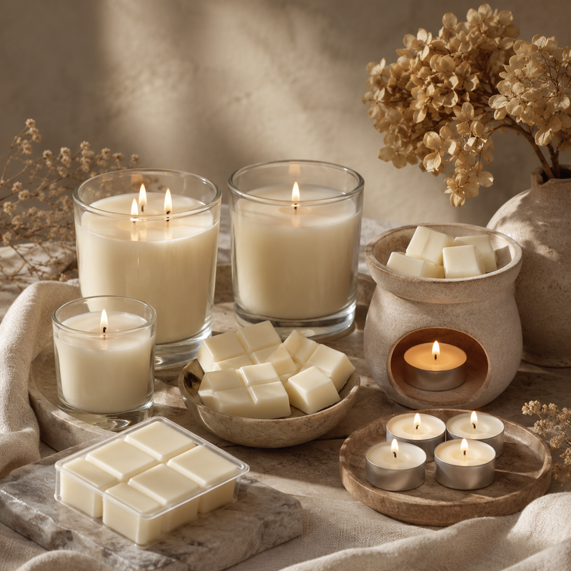 Phoenix Crafted best-selling candles, wax melts, and tealights in a warm neutral home-fragrance display.