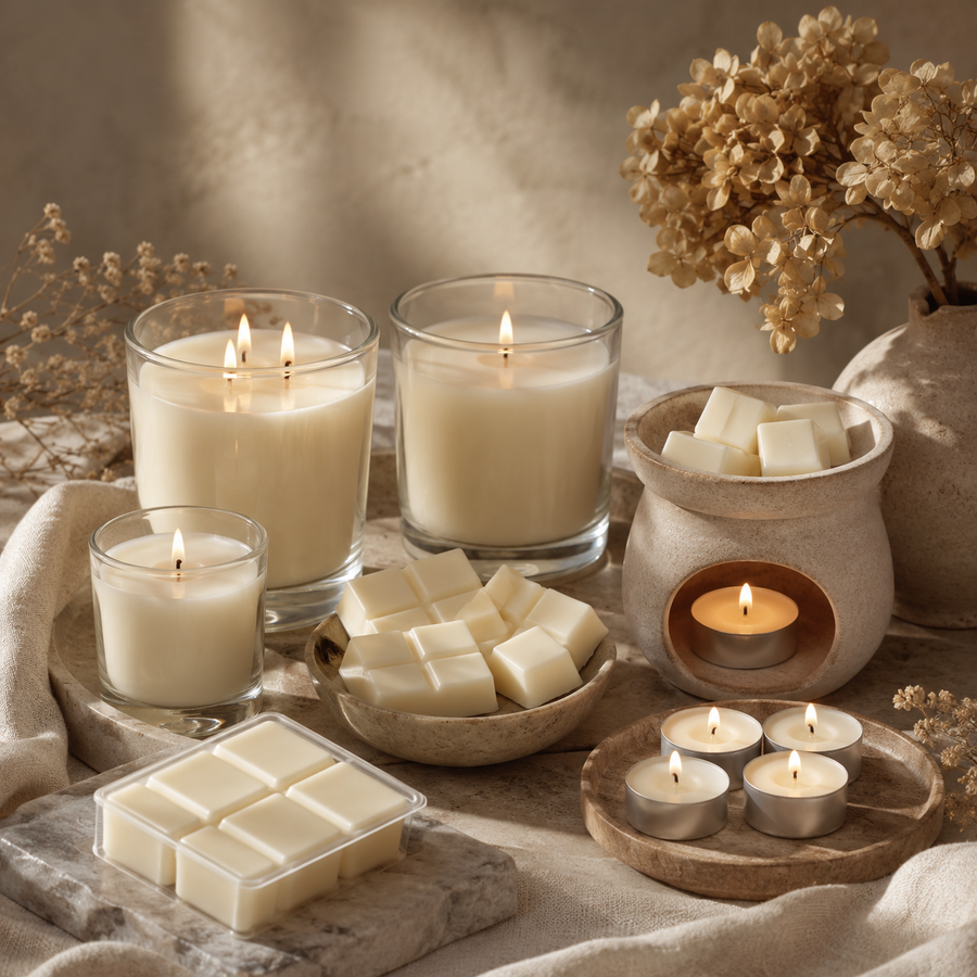 Phoenix Crafted candles, wax melts, and tealights arranged on a textured surface.