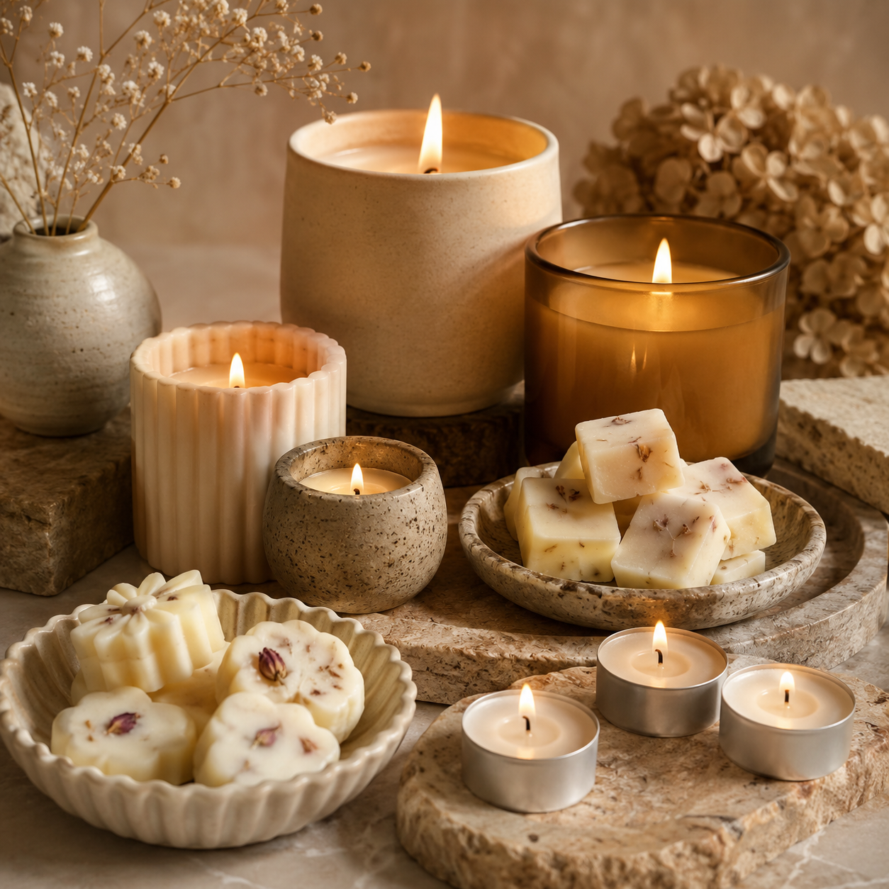 Candles, wax melts, tealights, and votives arranged together.