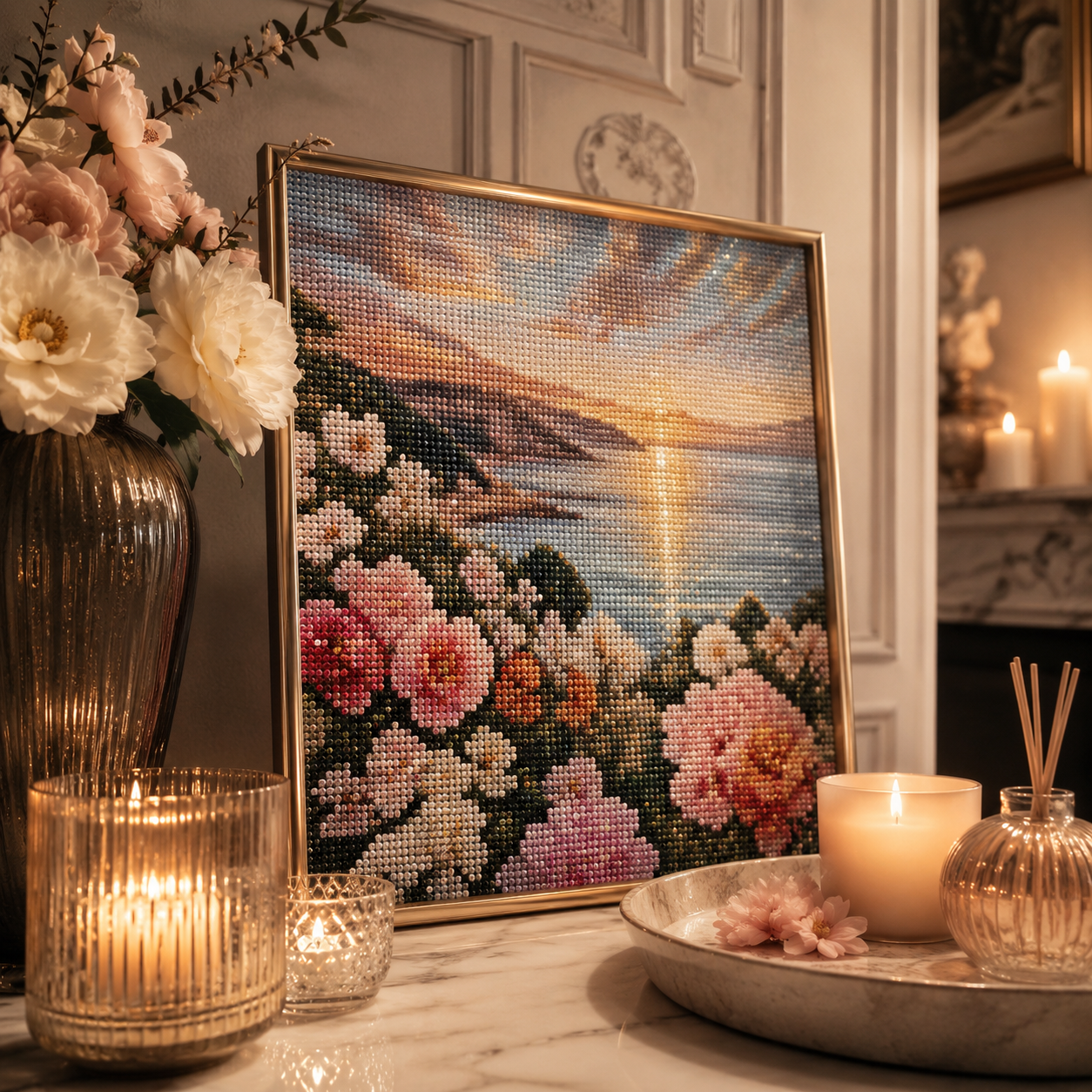 Finished diamond painting of a floral landscape at sunset.