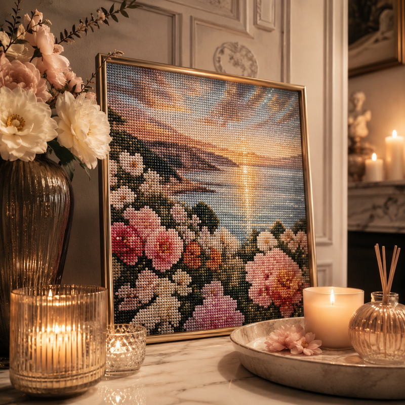 Framed handcrafted diamond artwork displayed with elegant candles and gallery-inspired home décor.