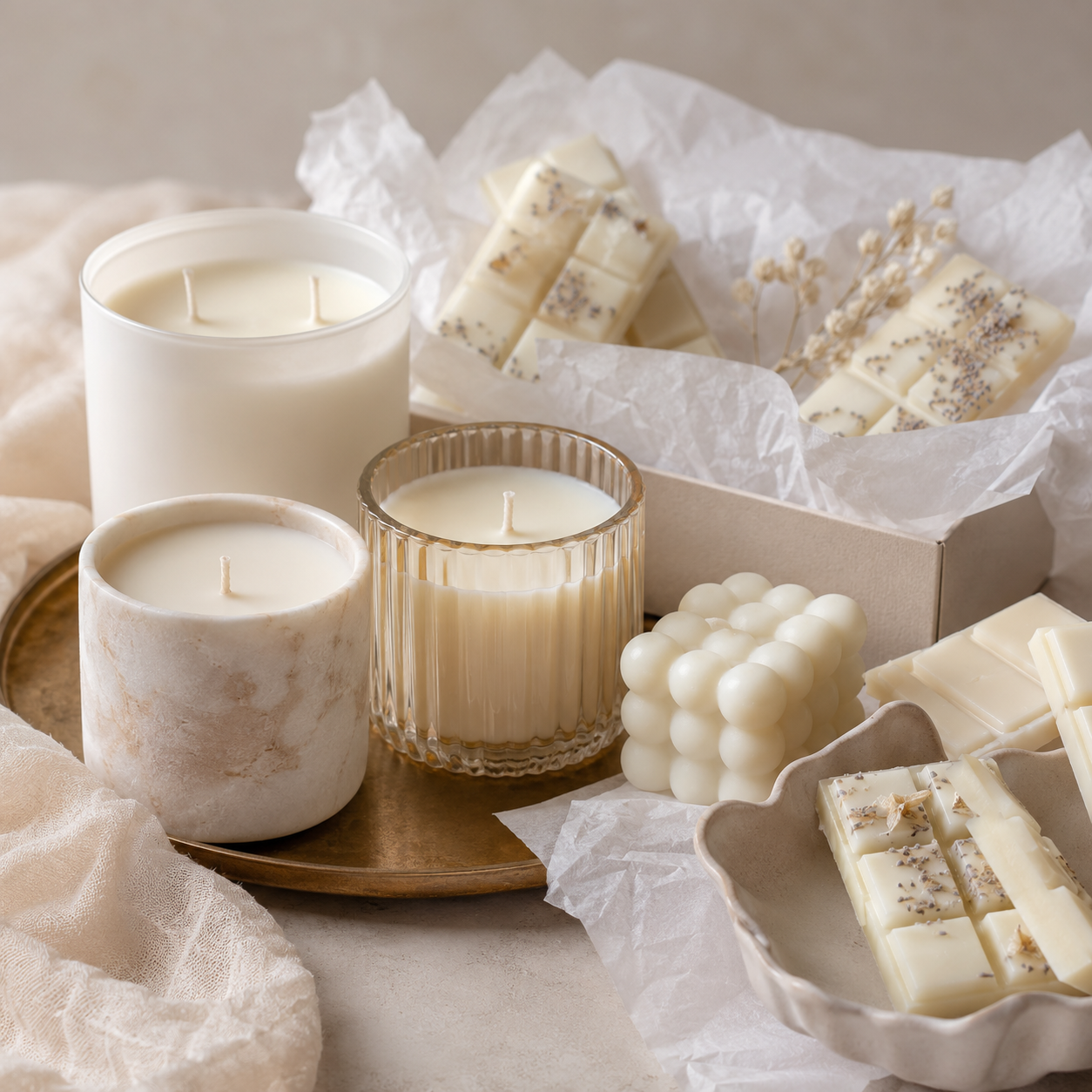 New candles, wax melts, and home-fragrance accessories arranged together.