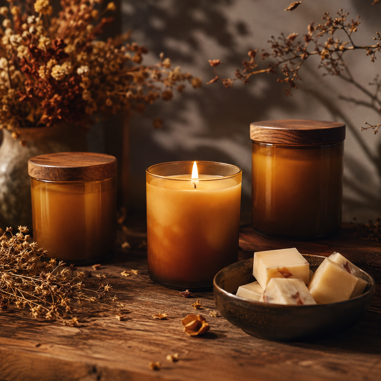 Candles and wax melts arranged with dried flowers on a wooden table.