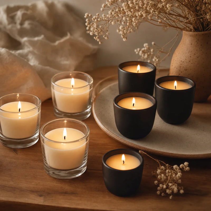 Hand-Poured Tealights & Votive Candles arranged on a wooden table with soft lighting and dried flowers.