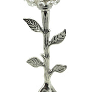 Handcrafted Silver Tree Hurricane Candle Holder displayed with crystal accents and elegant leaf details.