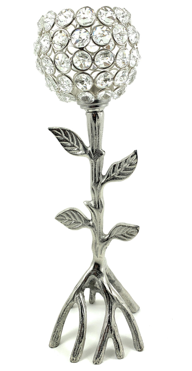 Handcrafted Silver Tree Hurricane Candle Holder displayed with crystal accents and elegant leaf details.