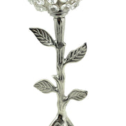Handcrafted Silver Tree Hurricane Candle Holder with crystal flower design and aluminum base.