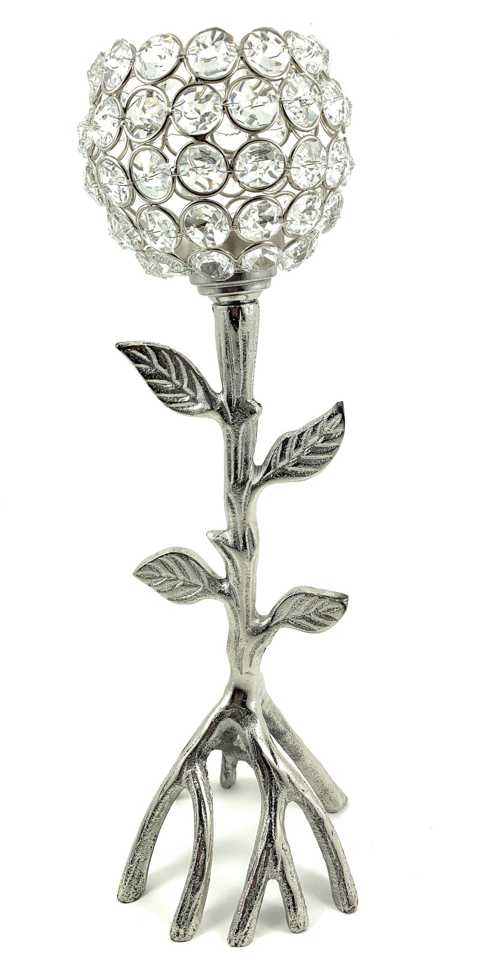 Handcrafted Silver Tree Hurricane Candle Holder with crystal flower design and aluminum base.