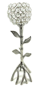 Handcrafted Silver Tree Hurricane Candle Holder with crystal flower design and aluminum base.