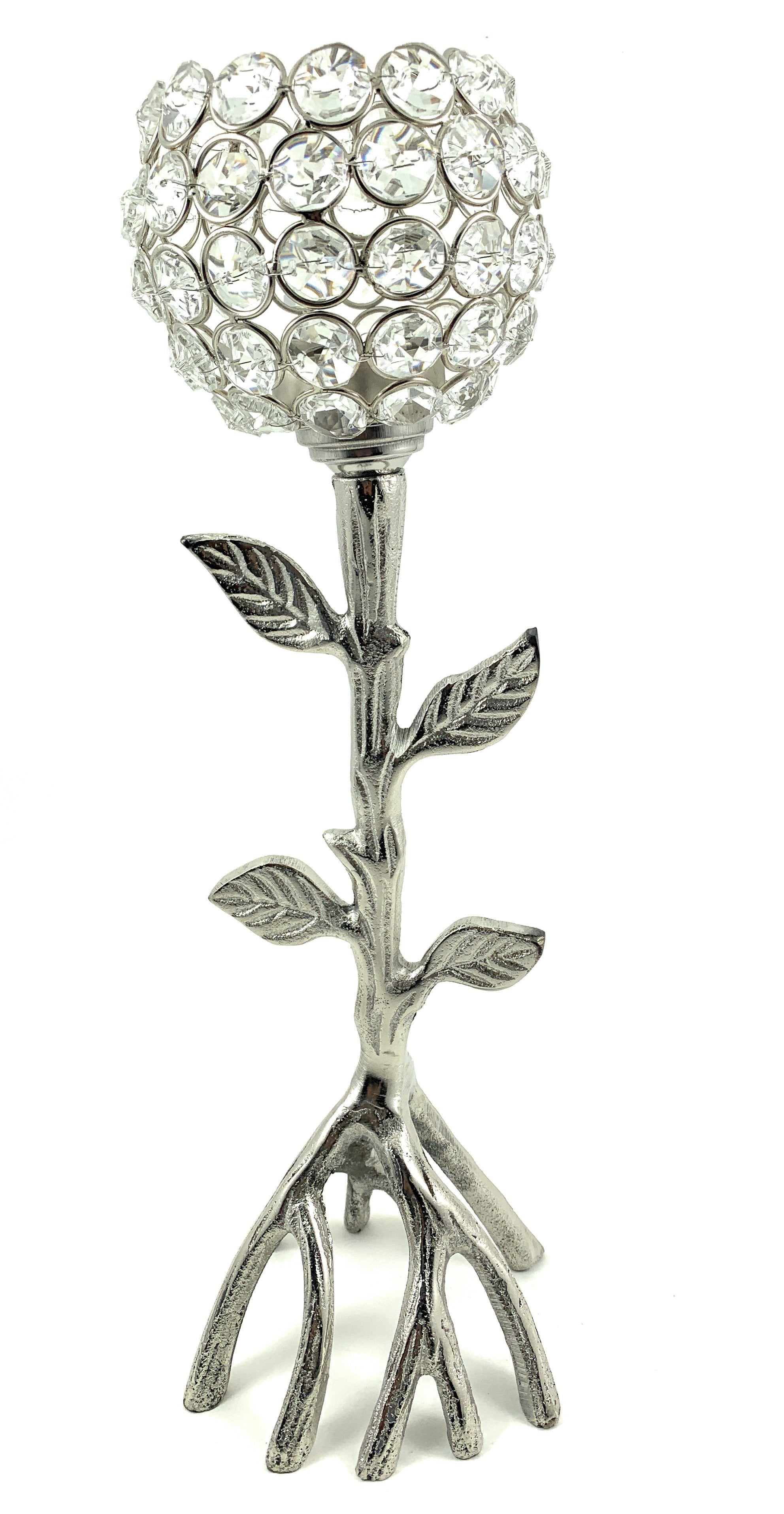 Handcrafted Silver Tree Hurricane Candle Holder with crystal flower design and aluminum base.